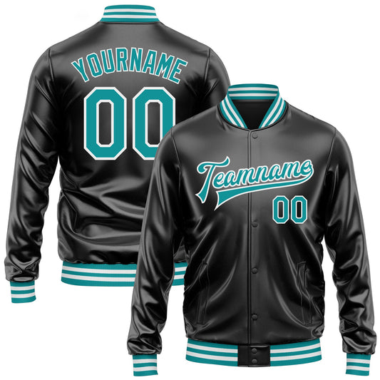 Custom Black Teal-White Bomber Full-Snap Varsity Faux Leather Letterman Jacket - Main View