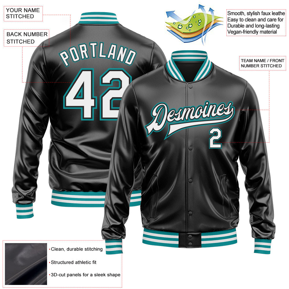 Custom Black White-Teal Bomber Full-Snap Varsity Faux Leather Letterman Jacket view 2