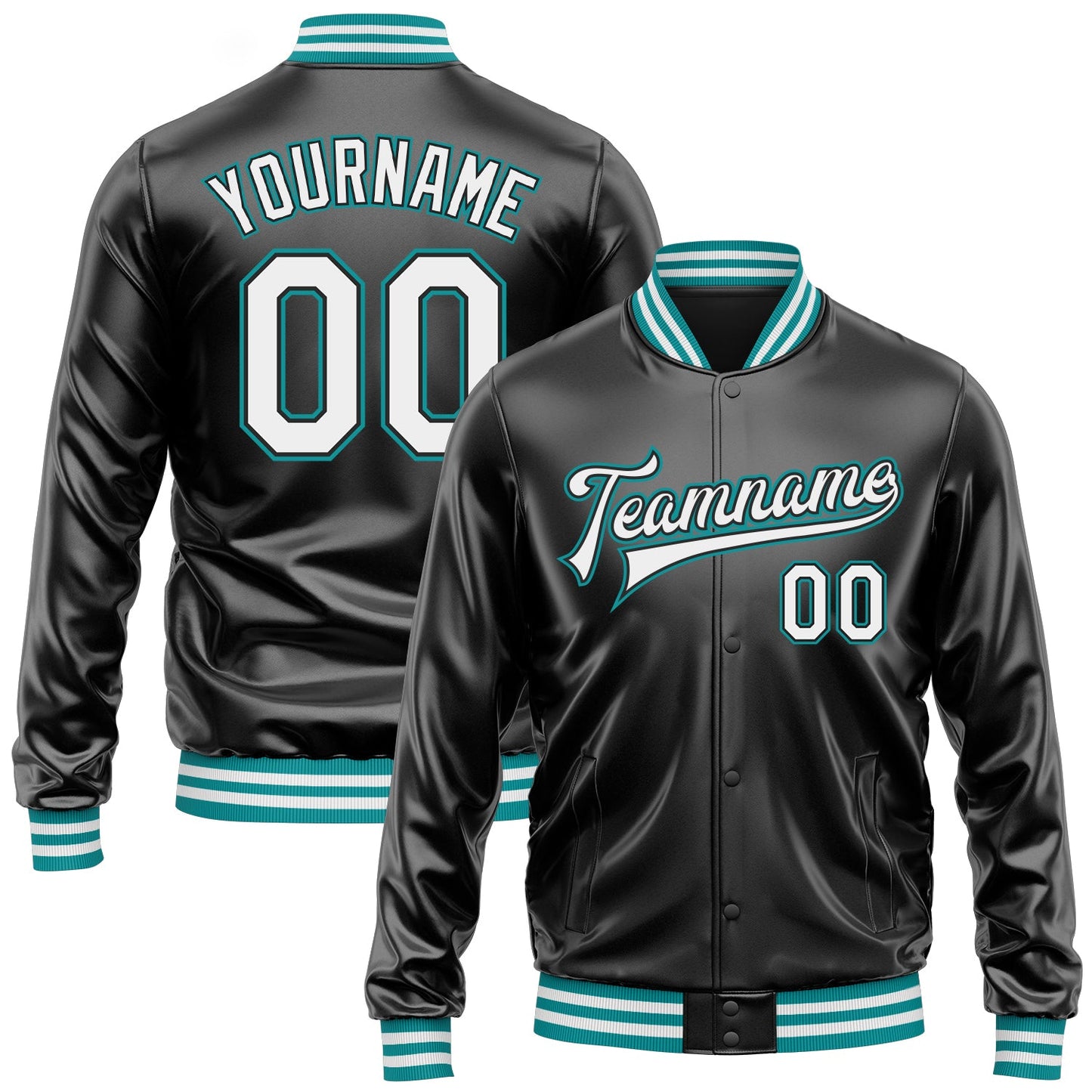 Custom Black White-Teal Bomber Full-Snap Varsity Faux Leather Letterman Jacket - Main View