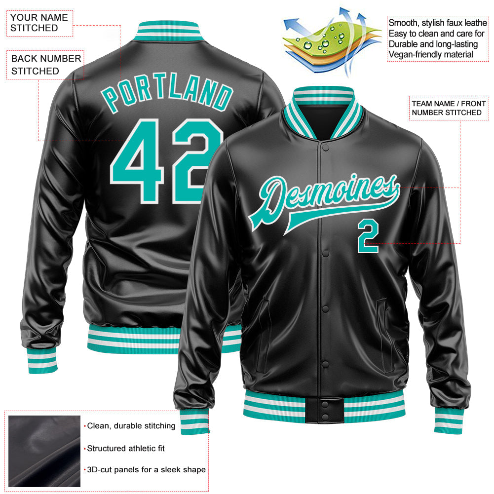 Custom Black Aqua-White Bomber Full-Snap Varsity Faux Leather Letterman Jacket view 2