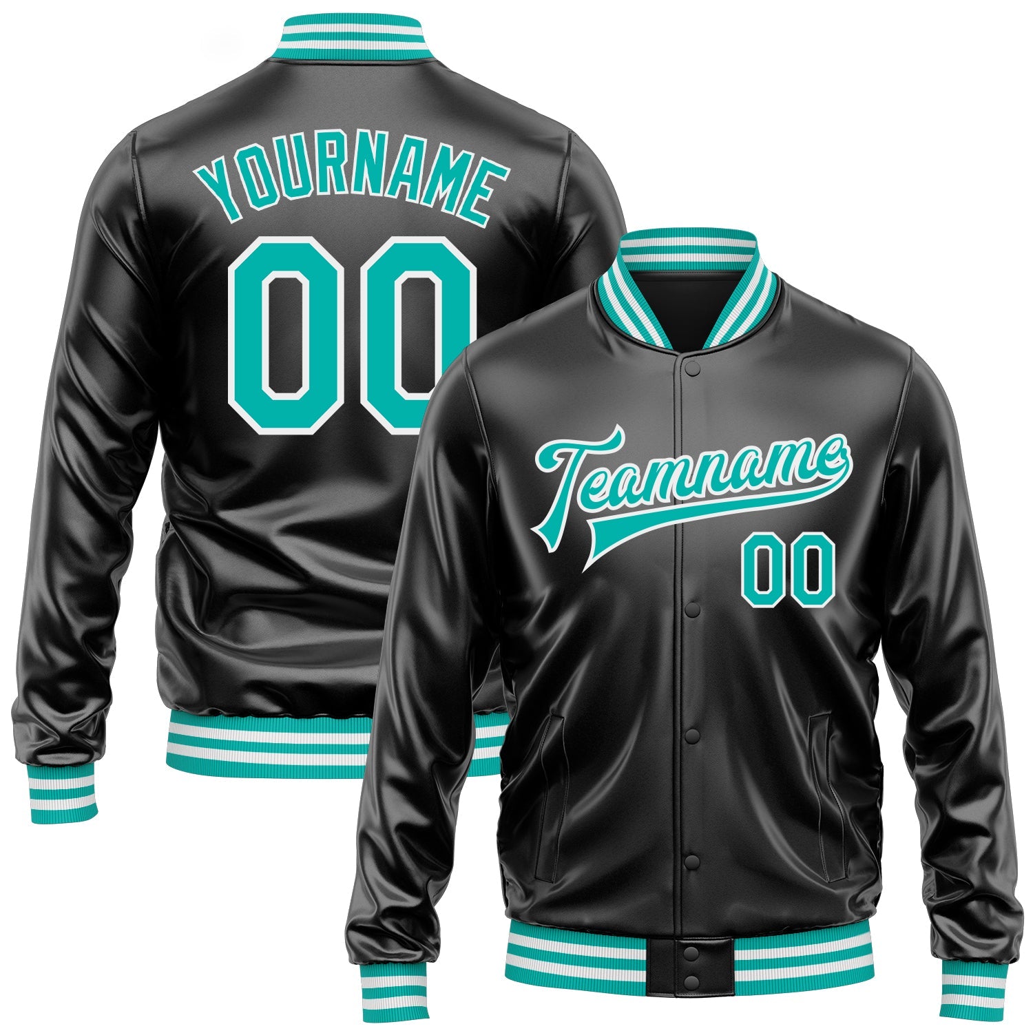 Custom Black Aqua-White Bomber Full-Snap Varsity Faux Leather Letterman Jacket - Main View