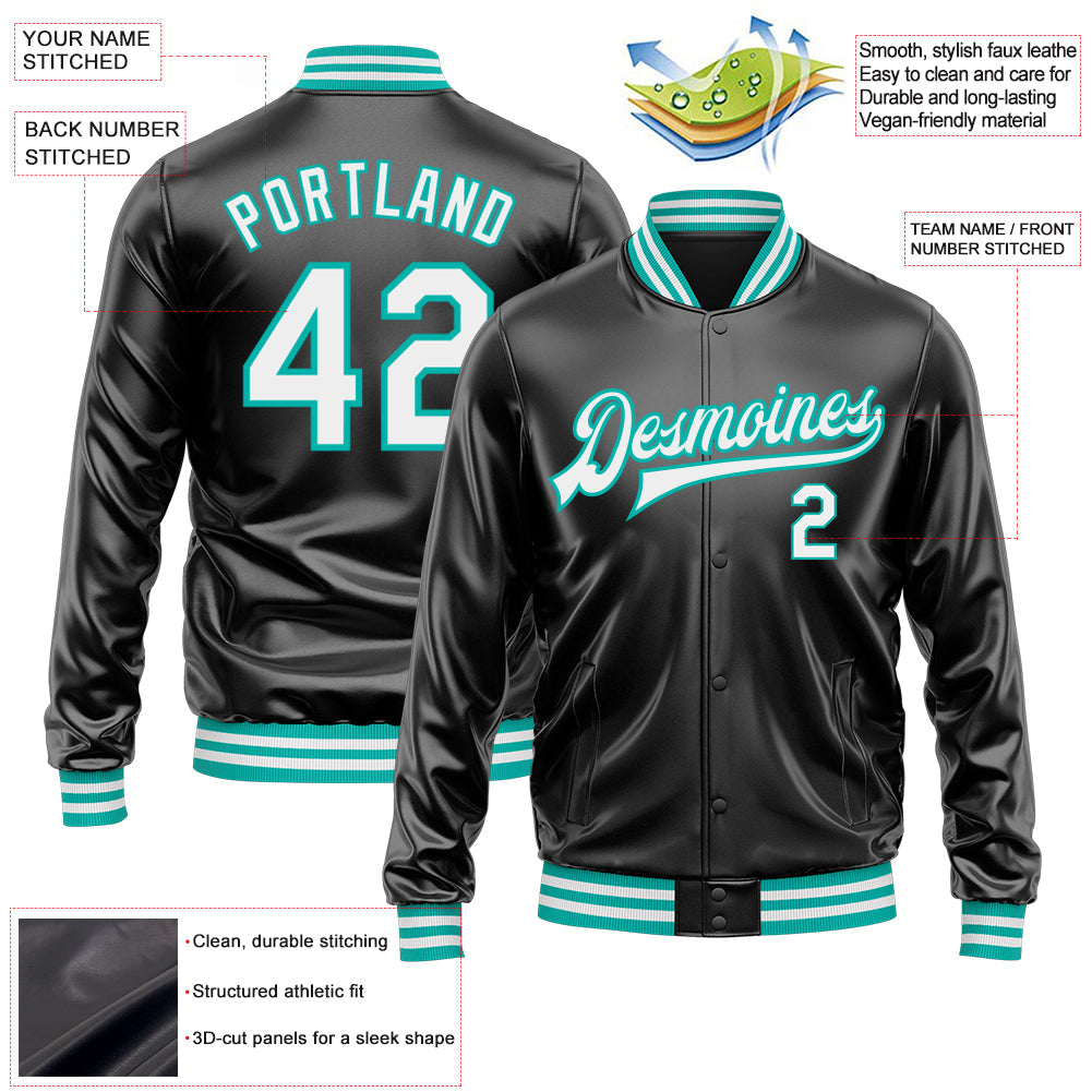 Custom Black White-Aqua Bomber Full-Snap Varsity Faux Leather Letterman Jacket view 2