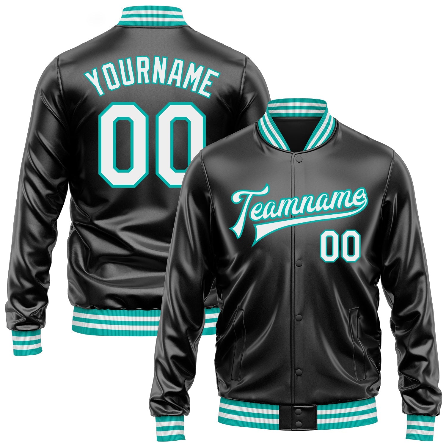 Custom Black White-Aqua Bomber Full-Snap Varsity Faux Leather Letterman Jacket - Main View