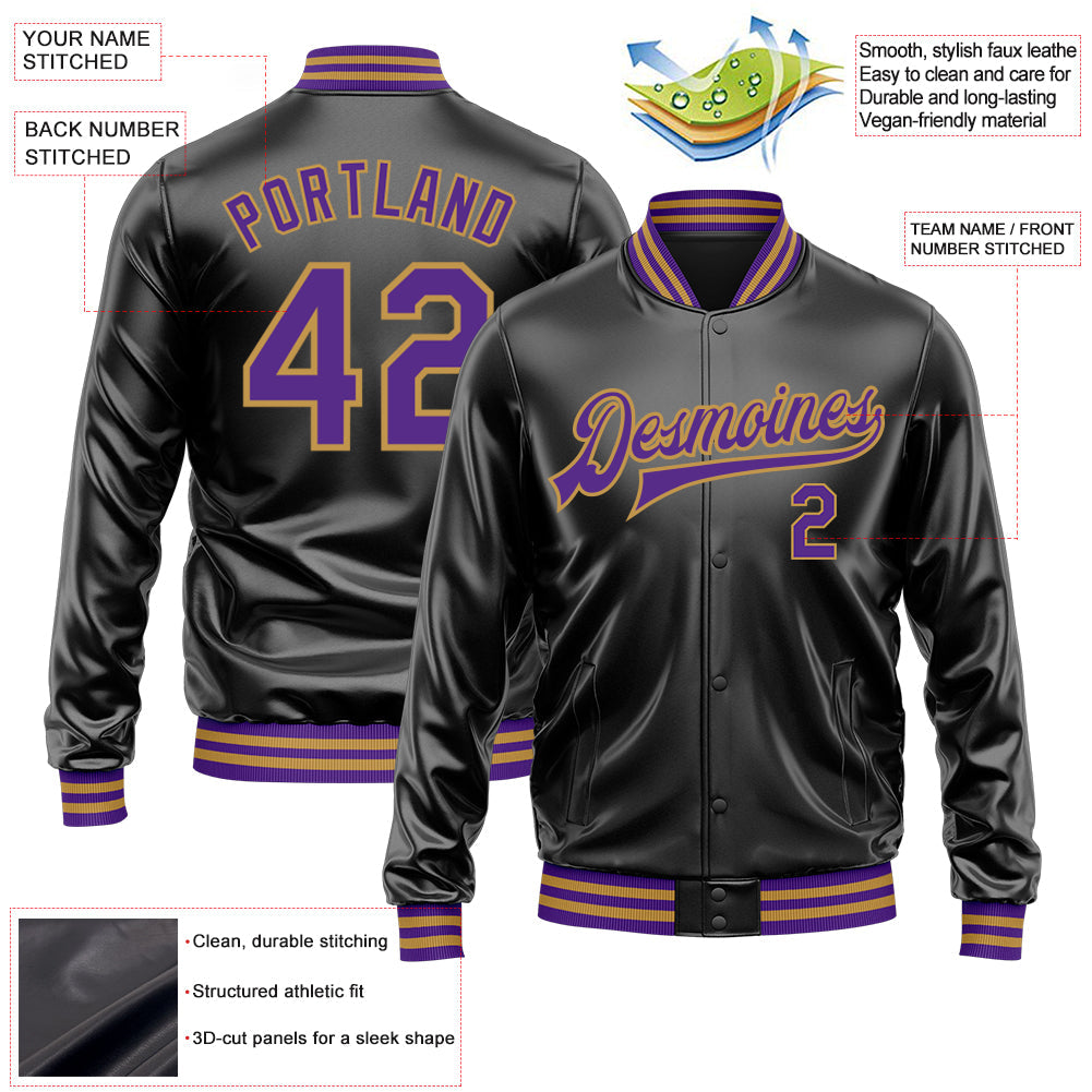 Custom Black Purple-Old Gold Bomber Full-Snap Varsity Faux Leather Letterman Jacket view 2
