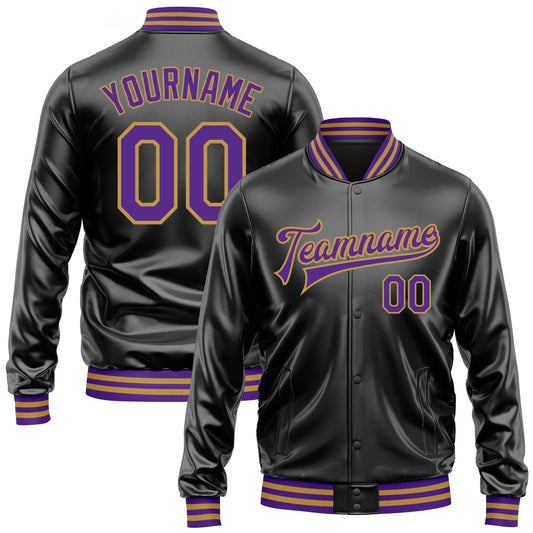 Custom Black Purple-Old Gold Bomber Full-Snap Varsity Faux Leather Letterman Jacket - Main View