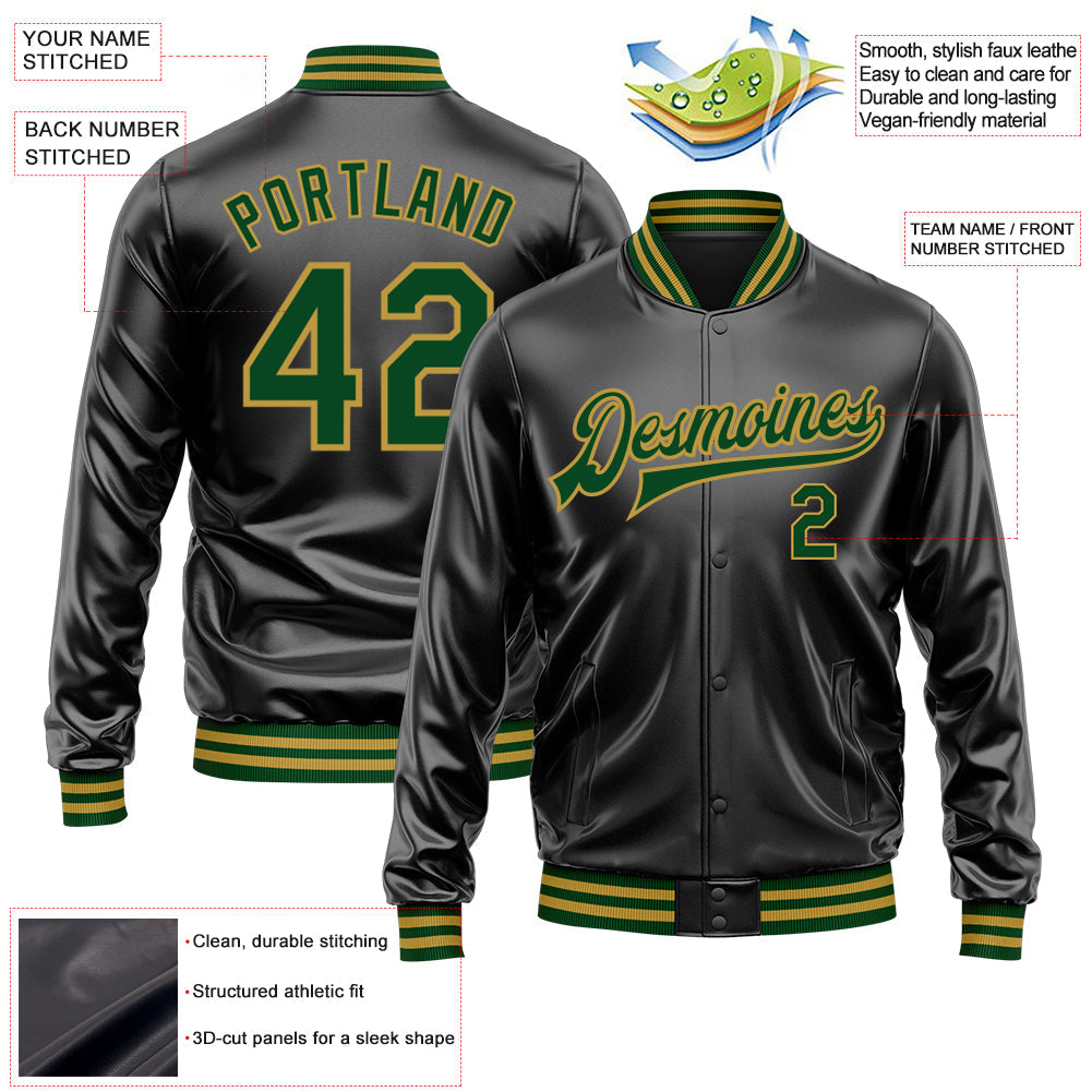 Custom Black Green-Old Gold Bomber Full-Snap Varsity Faux Leather Letterman Jacket view 2