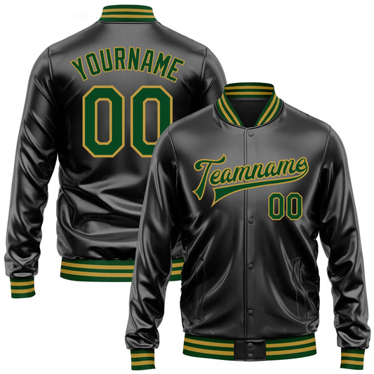 Custom Black Green-Old Gold Bomber Full-Snap Varsity Faux Leather Letterman Jacket - Main View