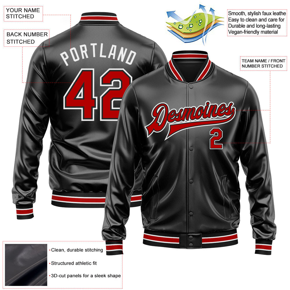 Custom Black Red-White Bomber Full-Snap Varsity Faux Leather Letterman Jacket view 2