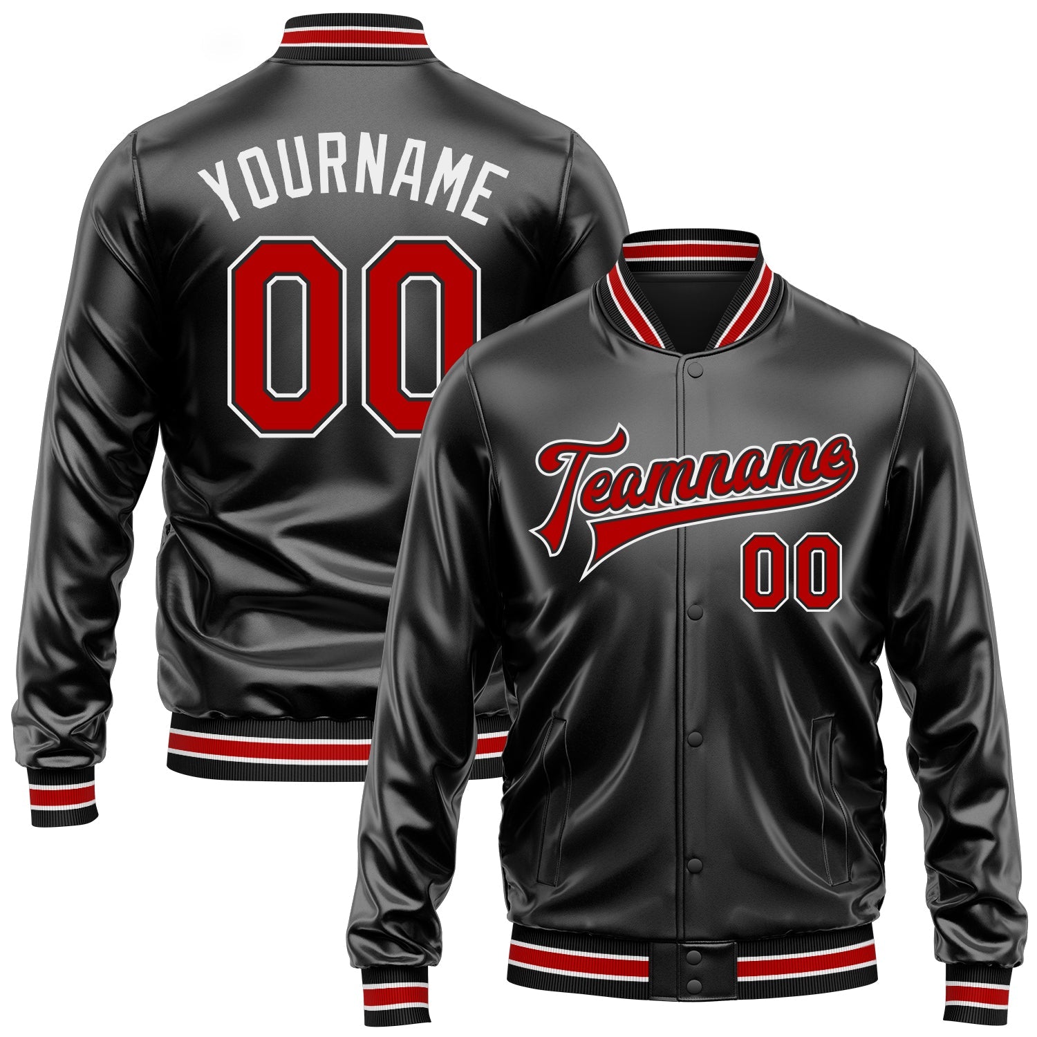 Custom Black Red-White Bomber Full-Snap Varsity Faux Leather Letterman Jacket - Main View
