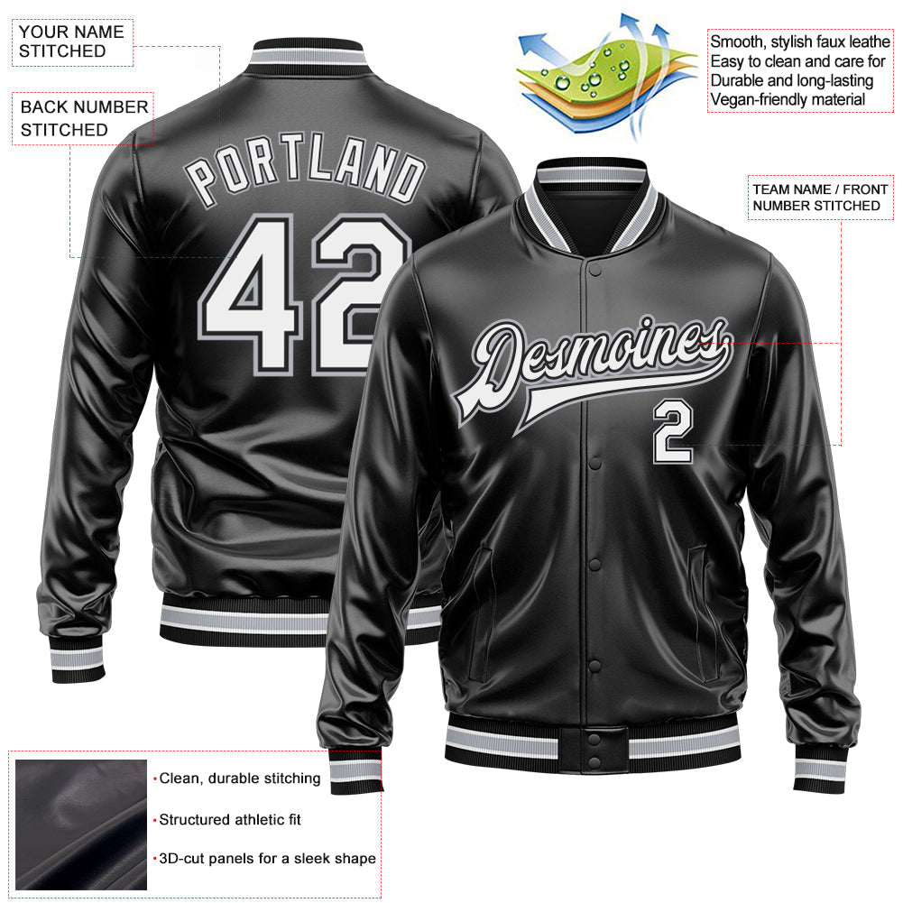 Custom Black White-Gray Bomber Full-Snap Varsity Faux Leather Letterman Jacket view 2