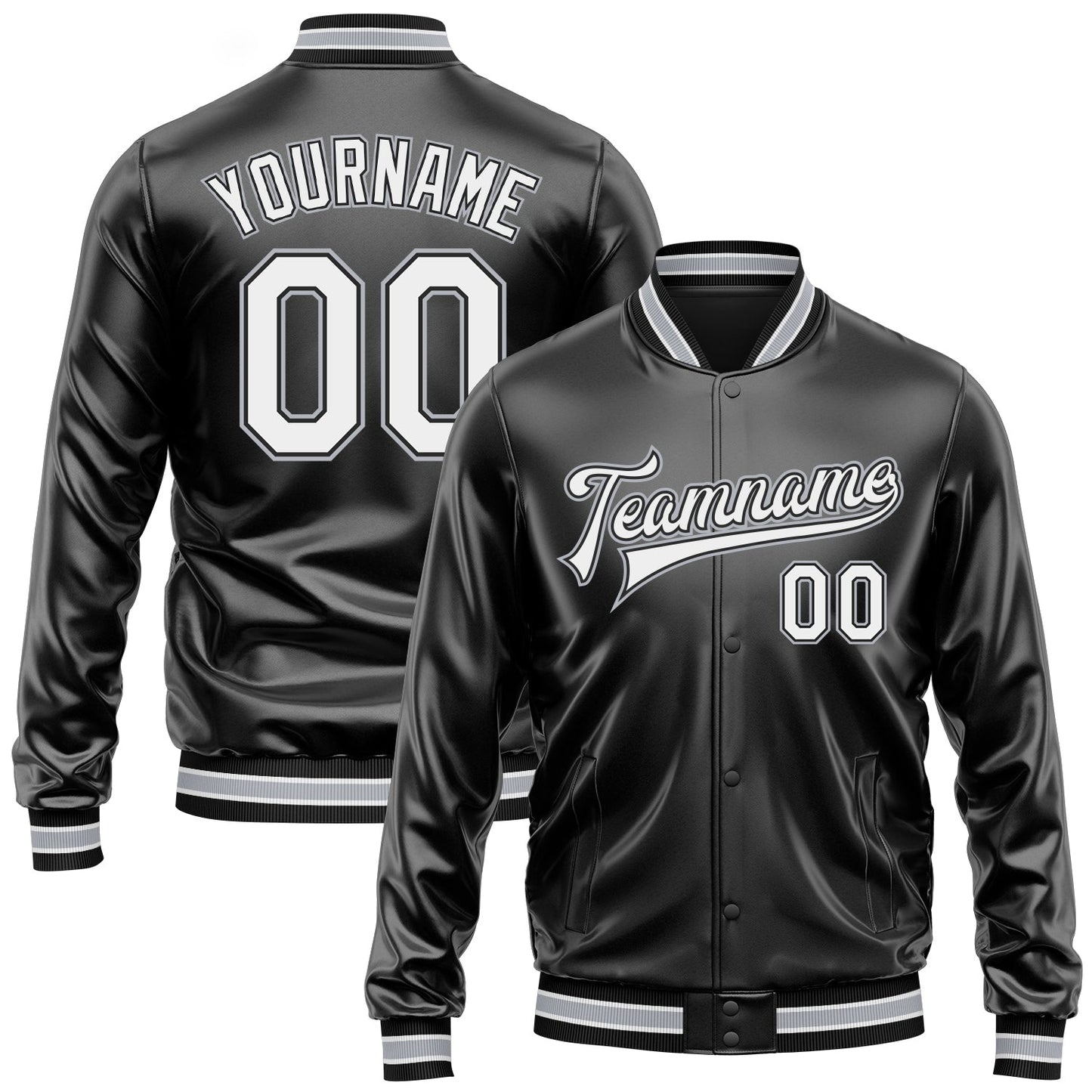 Custom Black White-Gray Bomber Full-Snap Varsity Faux Leather Letterman Jacket - Main View
