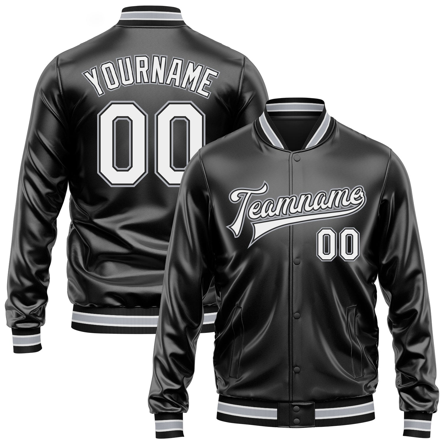 Custom Black White-Gray Bomber Full-Snap Varsity Faux Leather Letterman Jacket - Main View