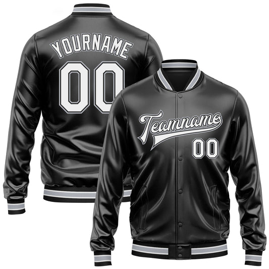 Custom Black White-Gray Bomber Full-Snap Varsity Faux Leather Letterman Jacket - Main View
