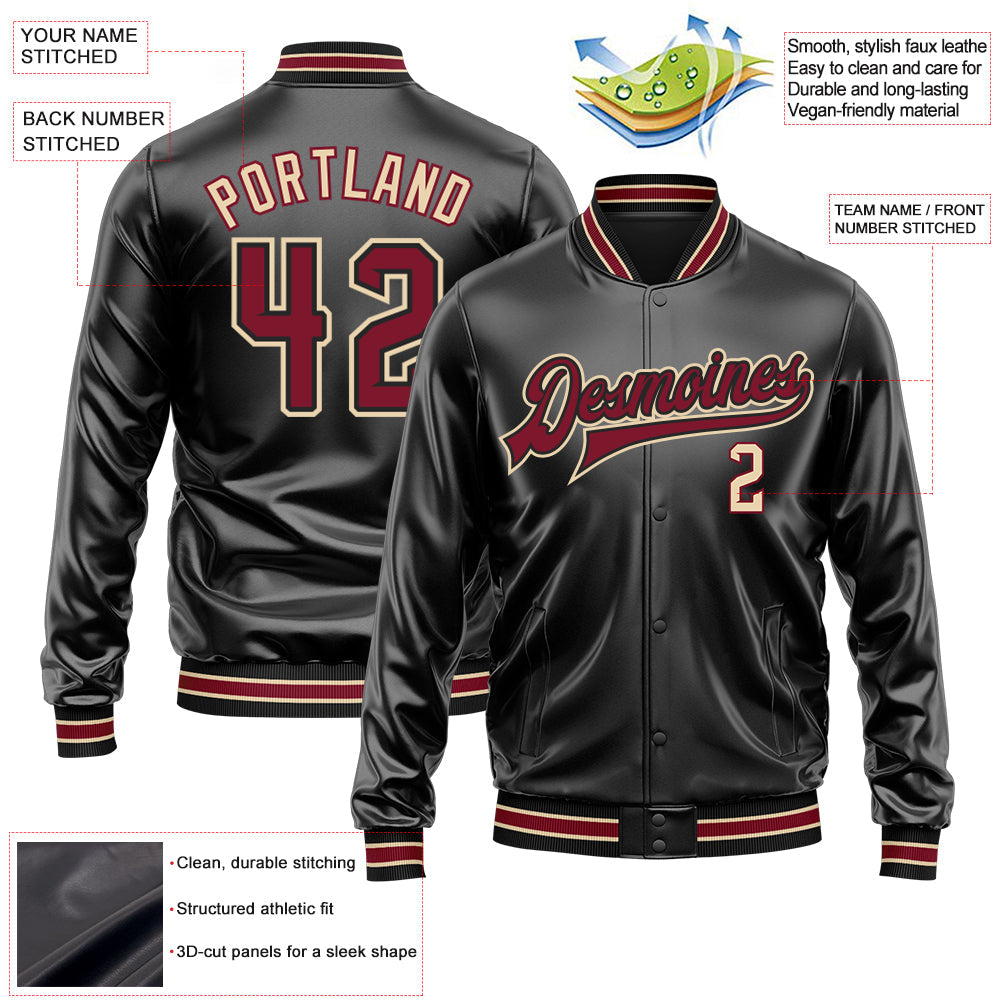 Custom Black Crimson-City Cream Bomber Full-Snap Varsity Faux Leather Letterman Jacket view 2