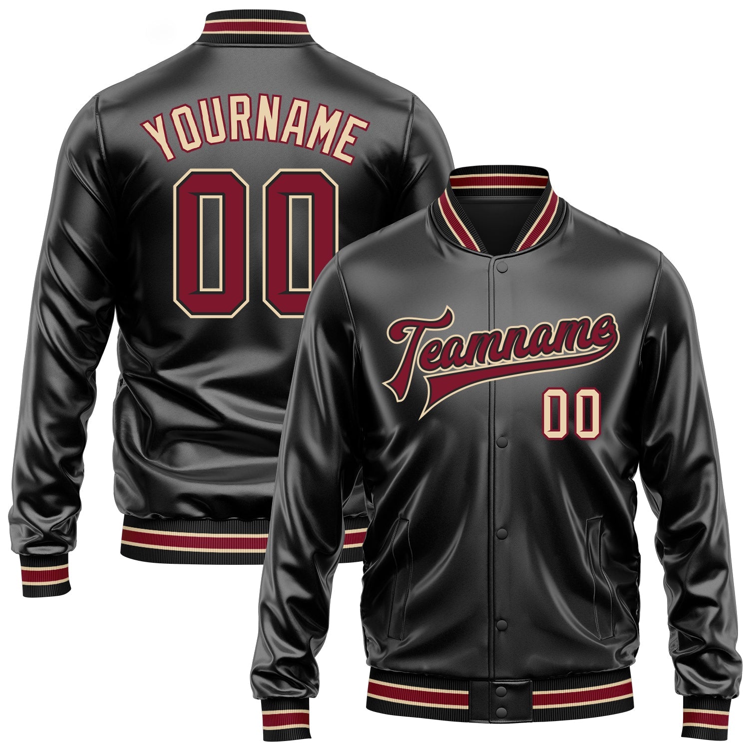 Custom Black Crimson-City Cream Bomber Full-Snap Varsity Faux Leather Letterman Jacket - Main View