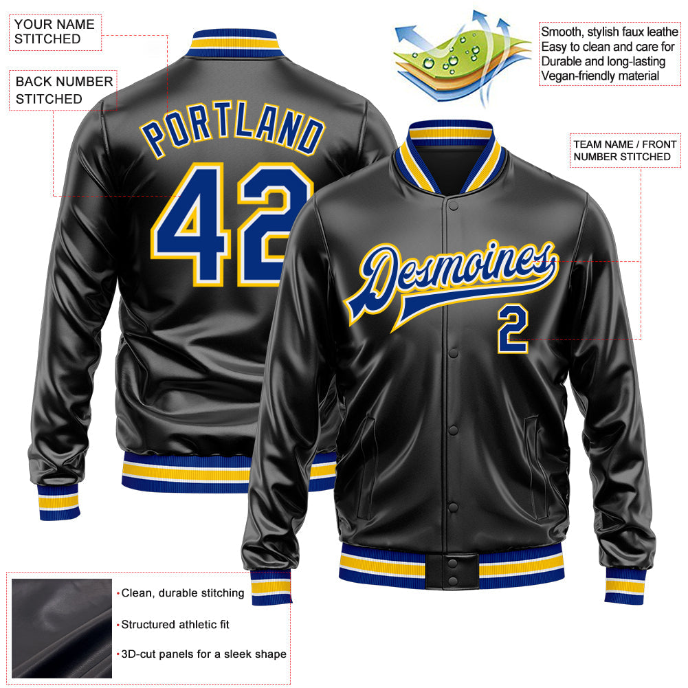 Custom Black Royal-Yellow Bomber Full-Snap Varsity Faux Leather Letterman Jacket view 2