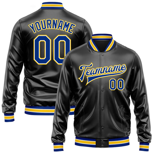 Custom Black Royal-Yellow Bomber Full-Snap Varsity Faux Leather Letterman Jacket - Main View