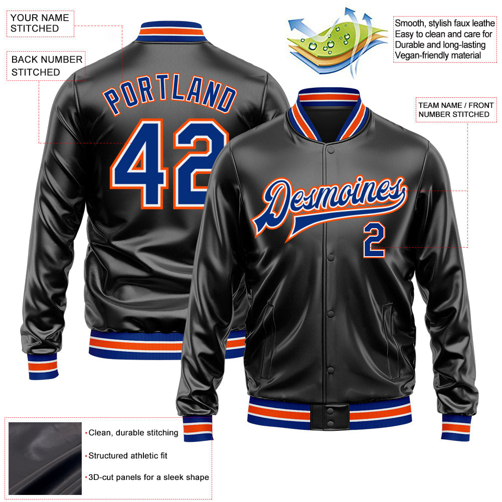 Custom Black Royal-Orange Bomber Full-Snap Varsity Faux Leather Letterman Jacket view 2