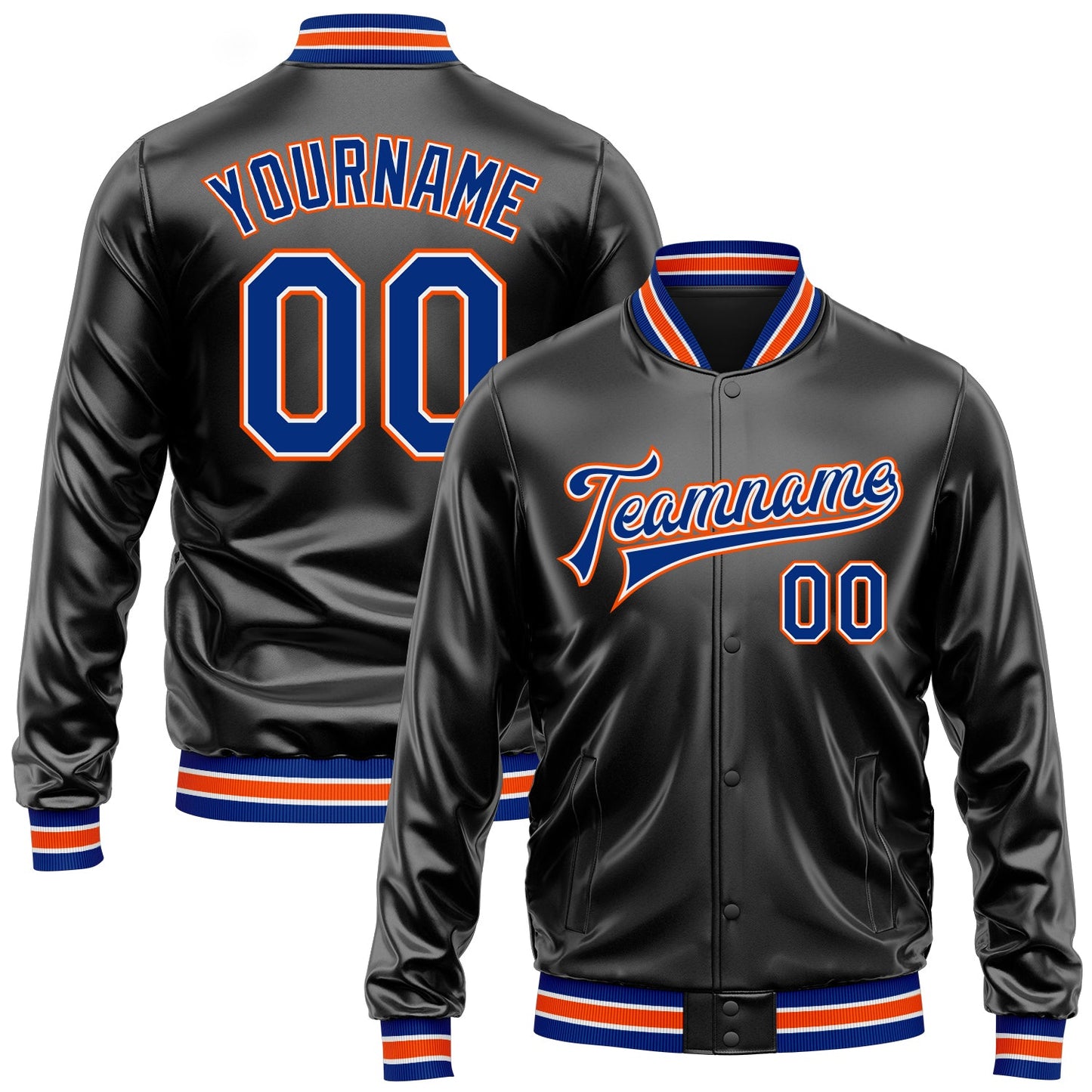 Custom Black Royal-Orange Bomber Full-Snap Varsity Faux Leather Letterman Jacket - Main View