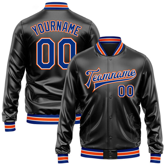 Custom Black Royal-Orange Bomber Full-Snap Varsity Faux Leather Letterman Jacket - Main View