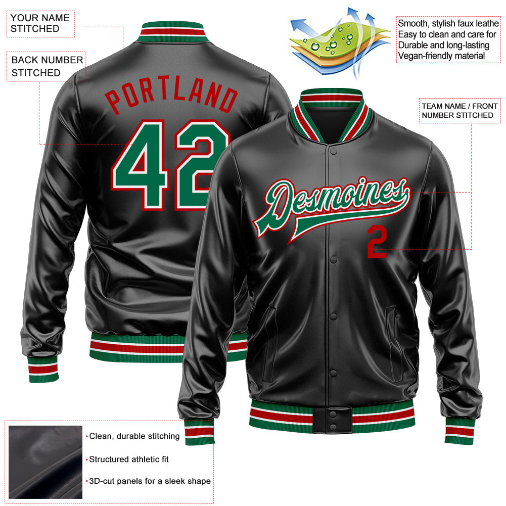 Custom Black Kelly Green-Red Bomber Full-Snap Varsity Faux Leather Letterman Jacket view 2