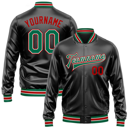 Custom Black Kelly Green-Red Bomber Full-Snap Varsity Faux Leather Letterman Jacket - Main View