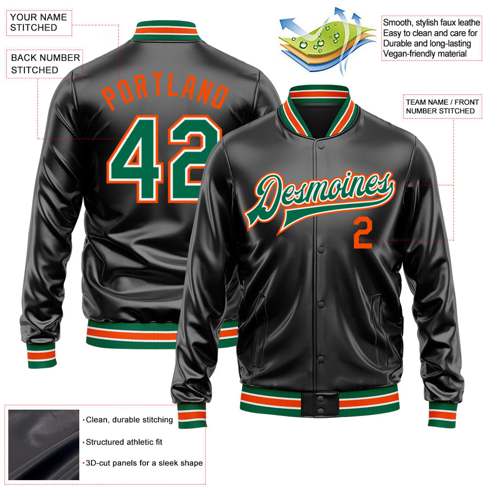 Custom Black Kelly Green-Orange Bomber Full-Snap Varsity Faux Leather Letterman Jacket view 2