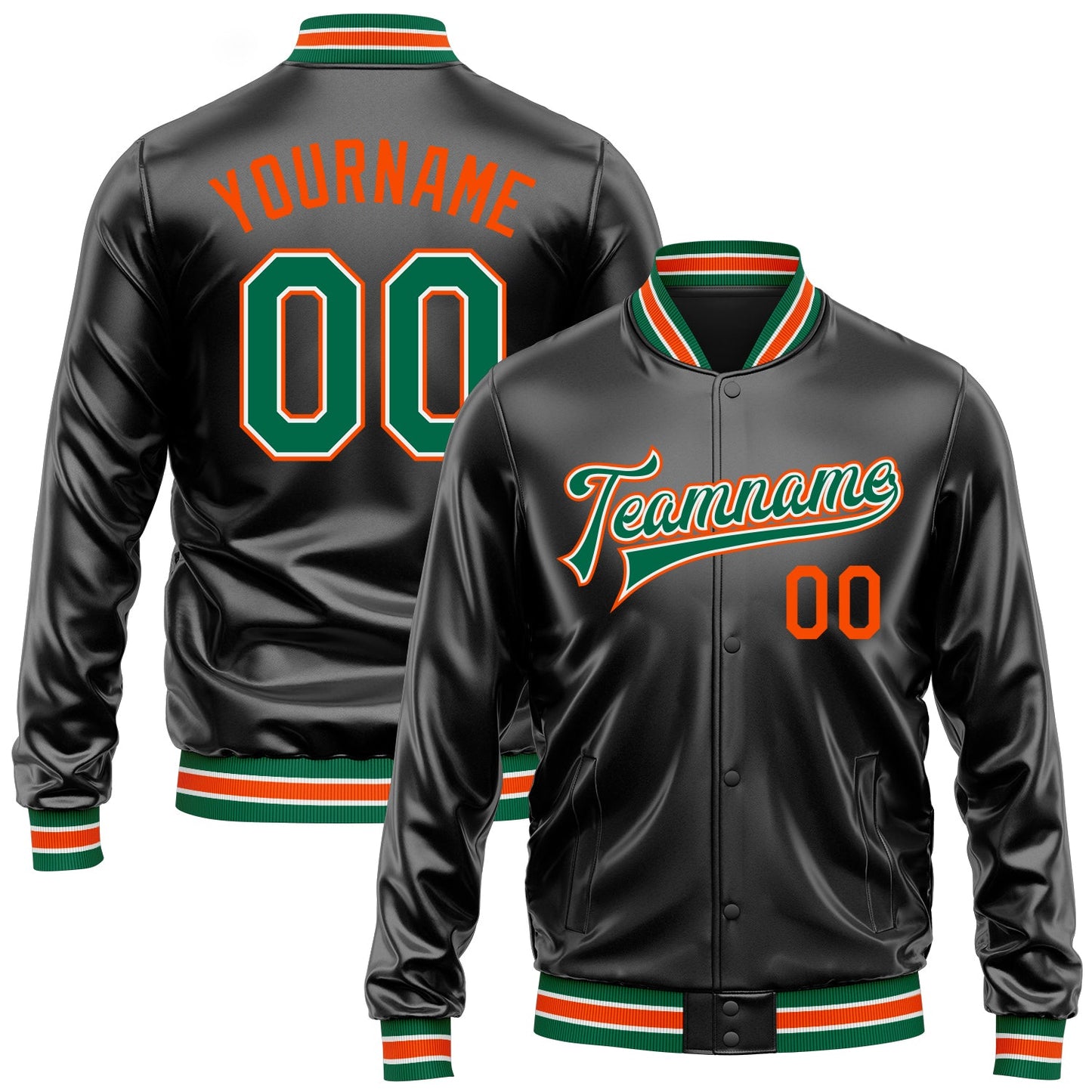 Custom Black Kelly Green-Orange Bomber Full-Snap Varsity Faux Leather Letterman Jacket - Main View