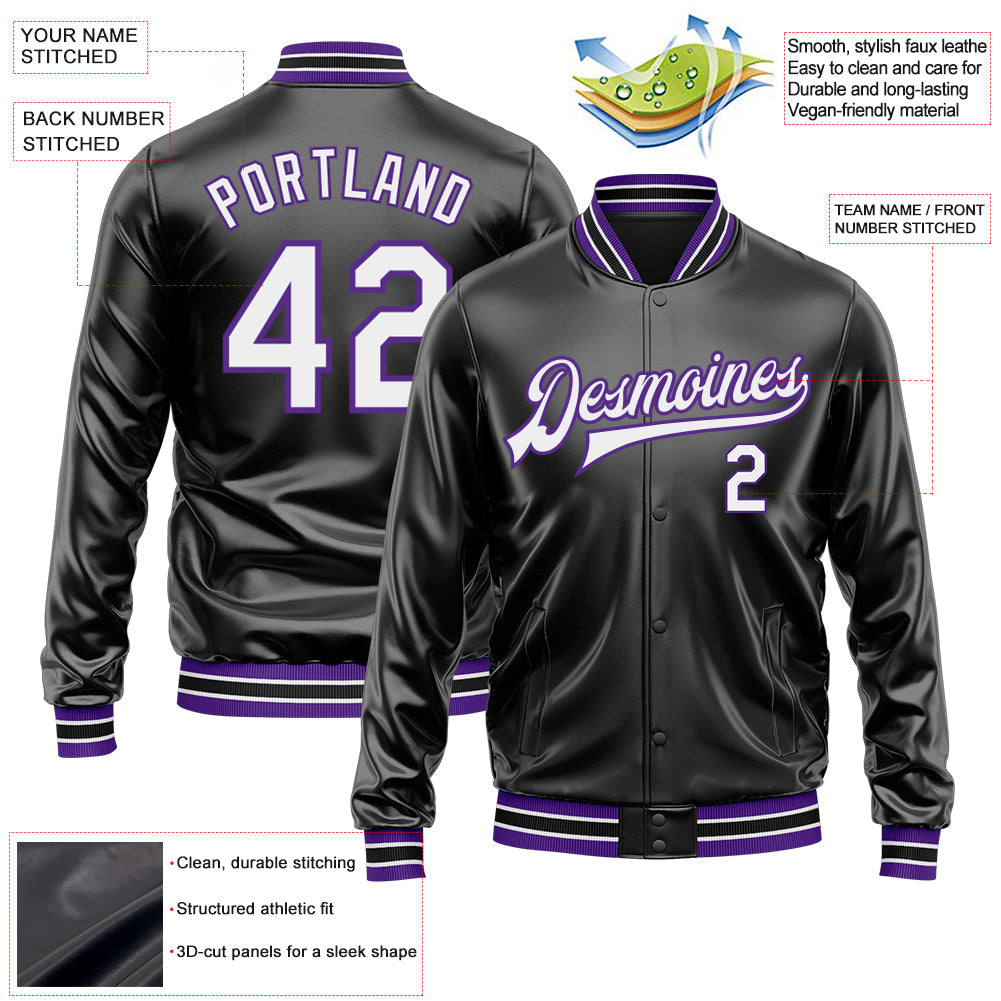 Custom Black White-Purple Bomber Full-Snap Varsity Faux Leather Letterman Jacket view 2