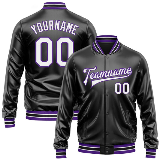 Custom Black White-Purple Bomber Full-Snap Varsity Faux Leather Letterman Jacket - Main View
