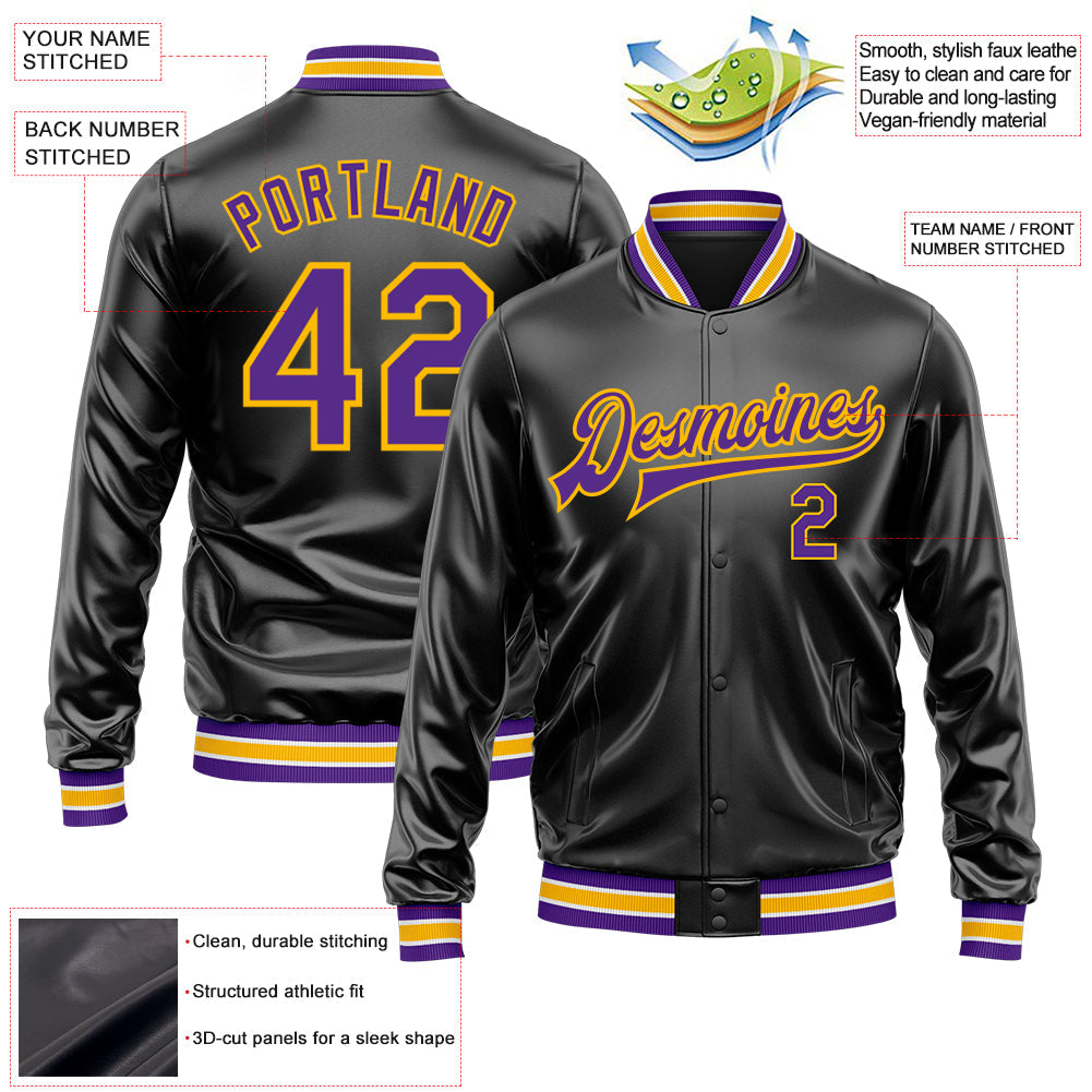Custom Black Purple-Gold Bomber Full-Snap Varsity Faux Leather Letterman Jacket view 2