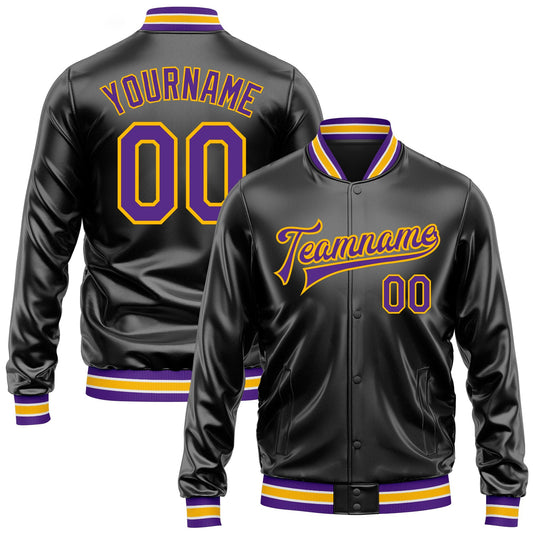 Custom Black Purple-Gold Bomber Full-Snap Varsity Faux Leather Letterman Jacket - Main View