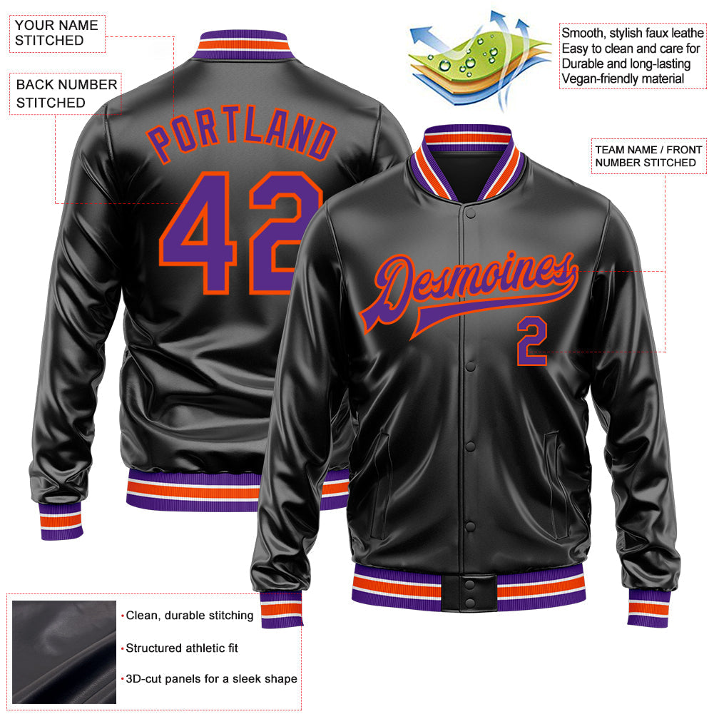 Custom Black Purple-Orange Bomber Full-Snap Varsity Faux Leather Letterman Jacket view 2