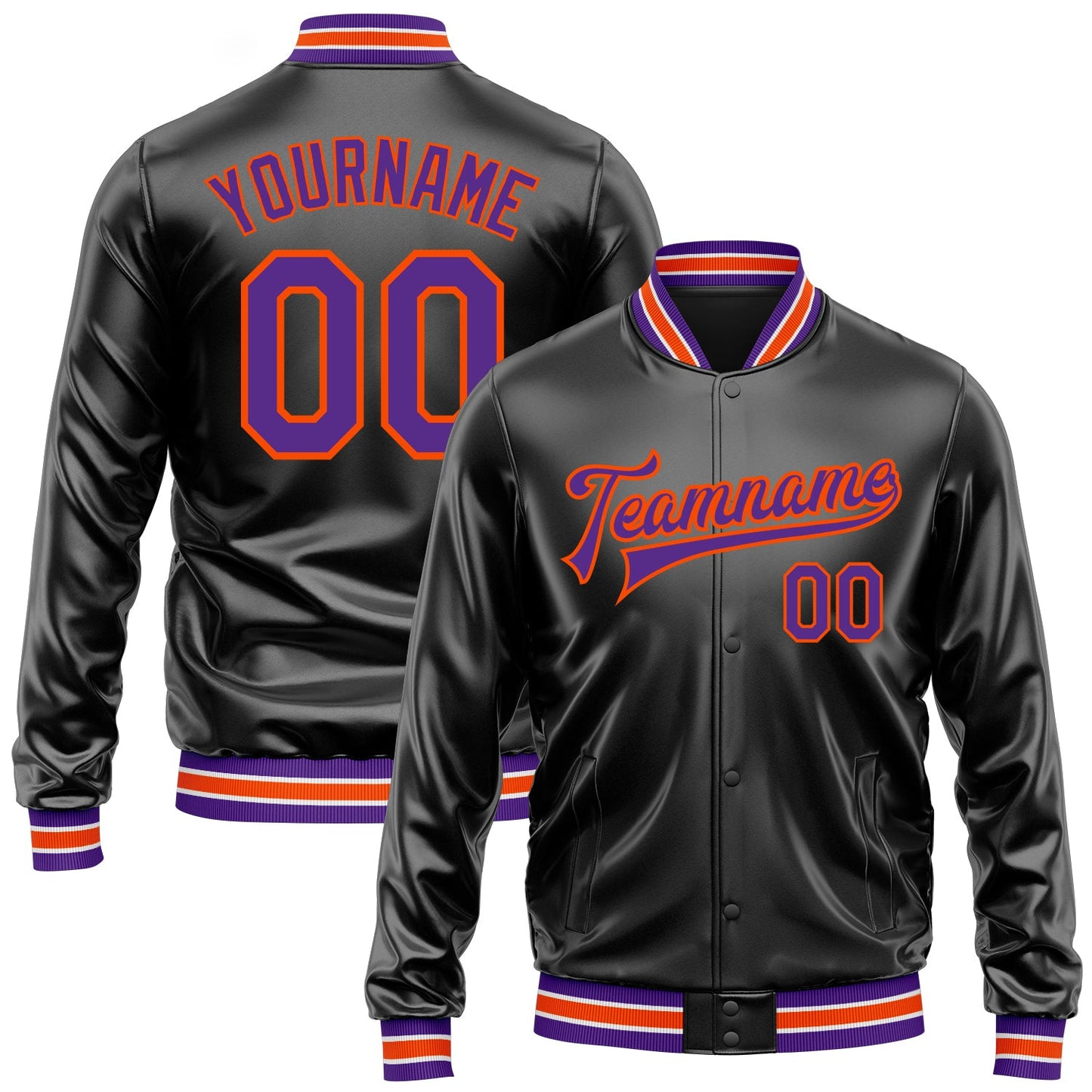 Custom Black Purple-Orange Bomber Full-Snap Varsity Faux Leather Letterman Jacket - Main View