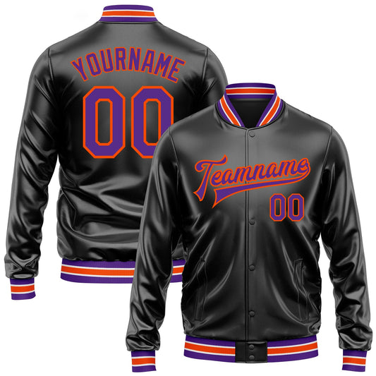 Custom Black Purple-Orange Bomber Full-Snap Varsity Faux Leather Letterman Jacket - Main View