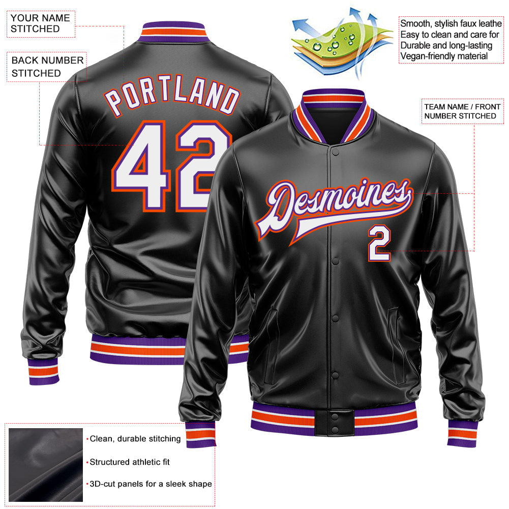 Custom Black White-Purple Bomber Full-Snap Varsity Faux Leather Letterman Jacket view 2