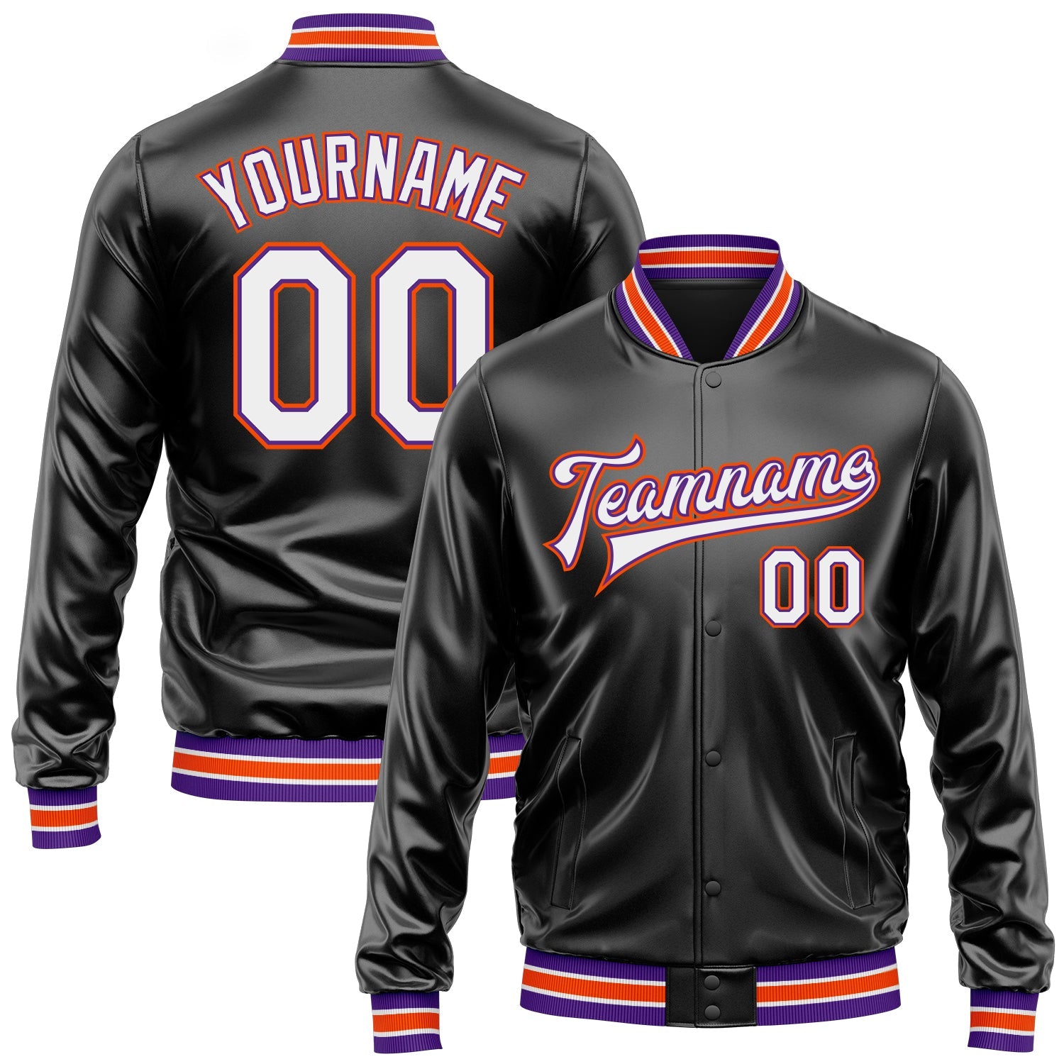 Custom Black White-Purple Bomber Full-Snap Varsity Faux Leather Letterman Jacket - Main View