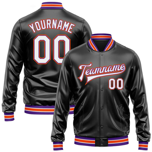 Custom Black White-Purple Bomber Full-Snap Varsity Faux Leather Letterman Jacket - Main View