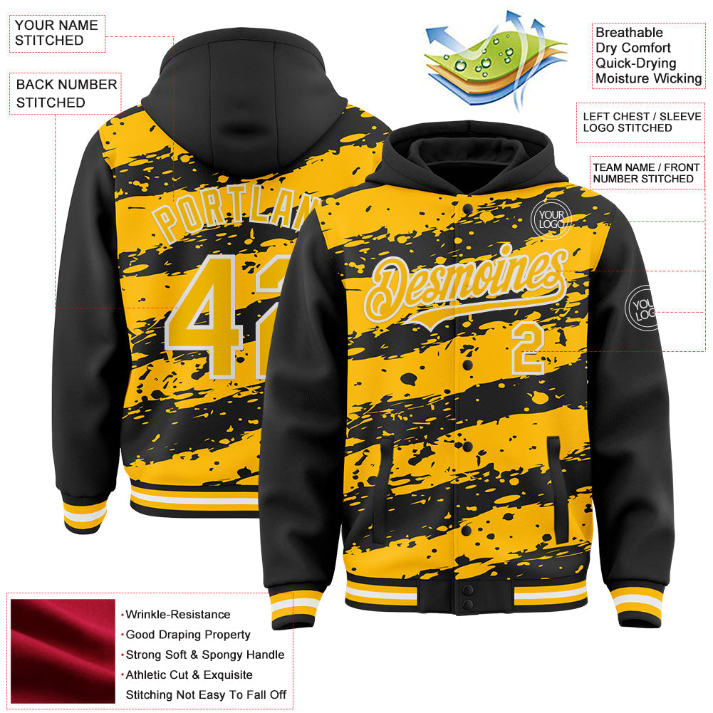 Custom Black Gold-White Splash 3D Pattern Design Bomber Full-Snap Varsity Letterman Hoodie Jacket view 4