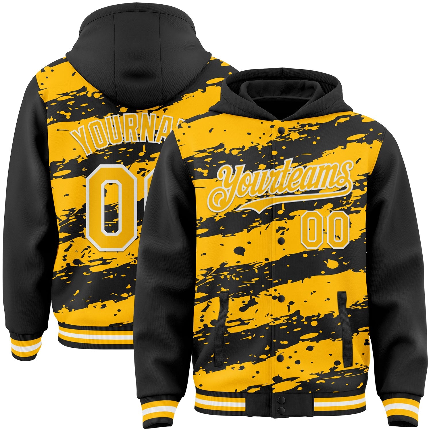 Custom Black Gold-White Splash 3D Pattern Design Bomber Full-Snap Varsity Letterman Hoodie Jacket - Main View