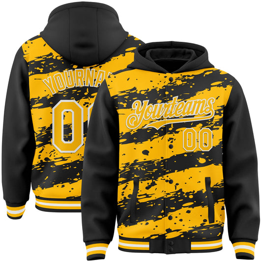 Custom Black Gold-White Splash 3D Pattern Design Bomber Full-Snap Varsity Letterman Hoodie Jacket - Main View