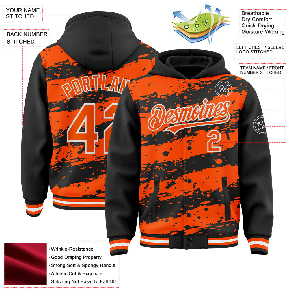 Custom Black Orange-White Splash 3D Pattern Design Bomber Full-Snap Varsity Letterman Hoodie Jacket view 4