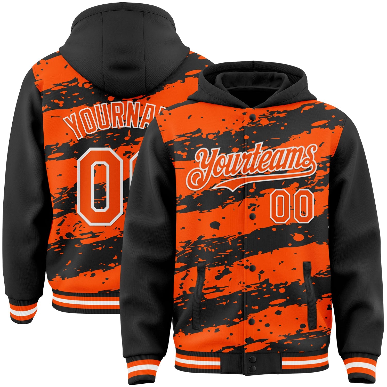Custom Black Orange-White Splash 3D Pattern Design Bomber Full-Snap Varsity Letterman Hoodie Jacket - Main View