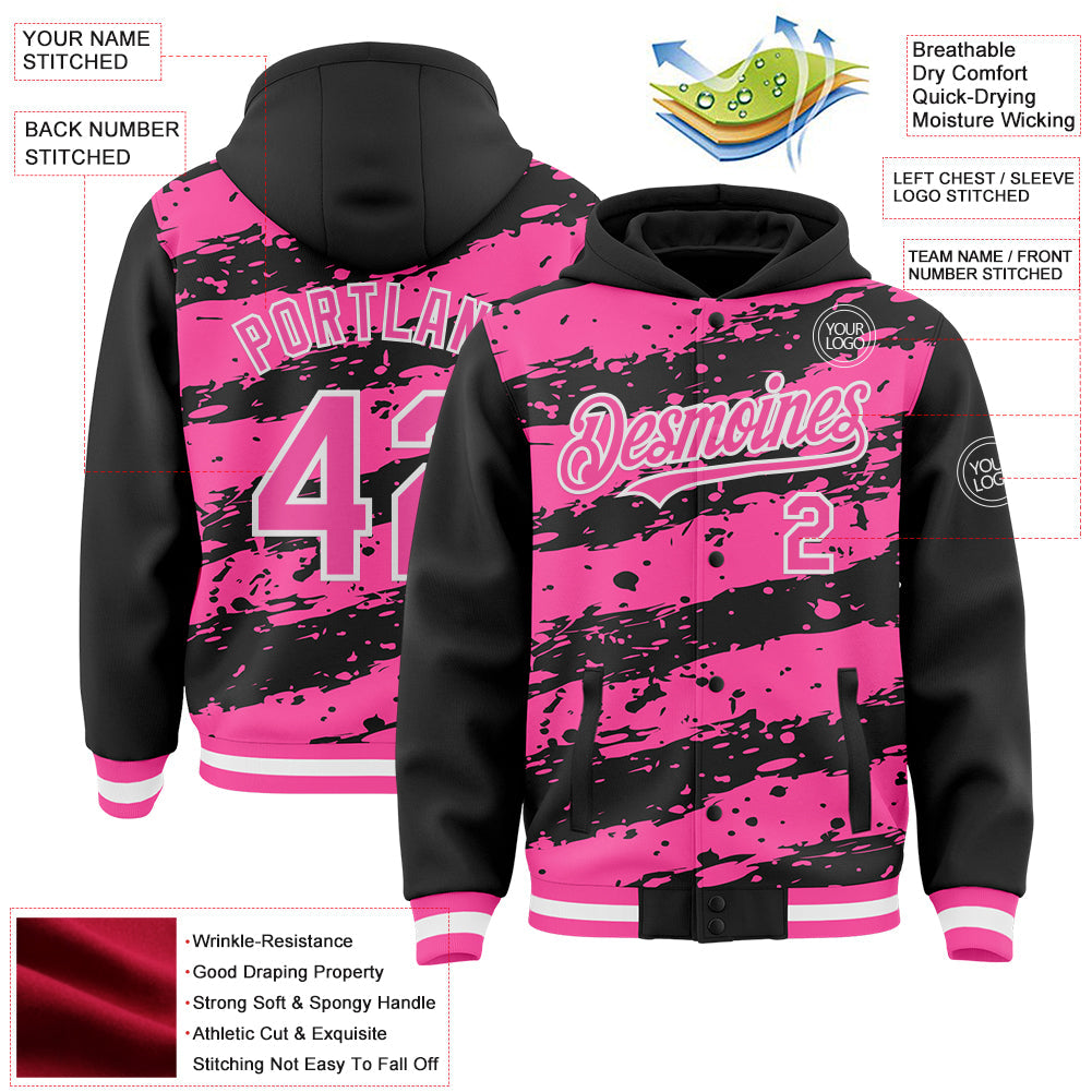 Custom Black Pink-White Splash 3D Pattern Design Bomber Full-Snap Varsity Letterman Hoodie Jacket view 4