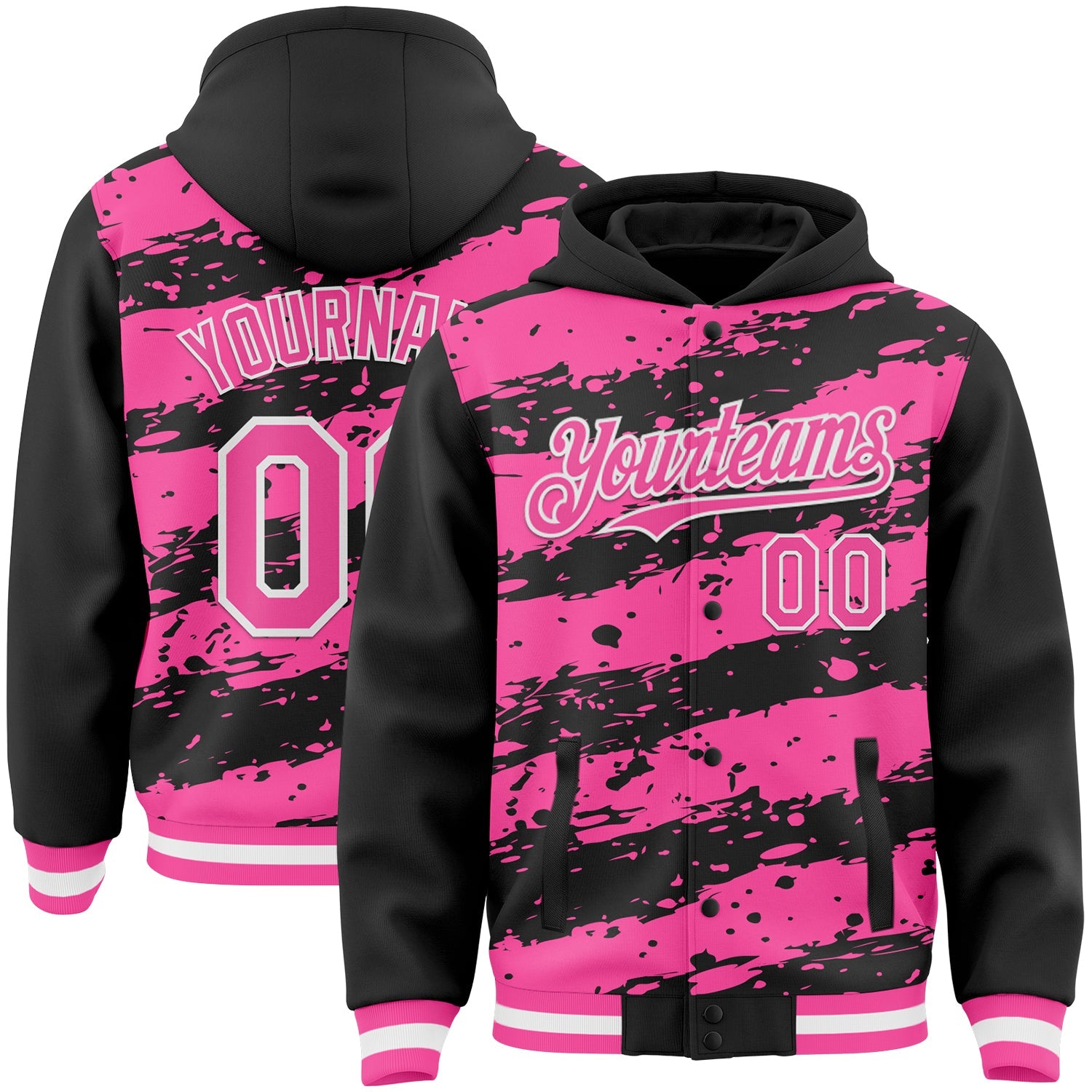 Custom Black Pink-White Splash 3D Pattern Design Bomber Full-Snap Varsity Letterman Hoodie Jacket - Main View