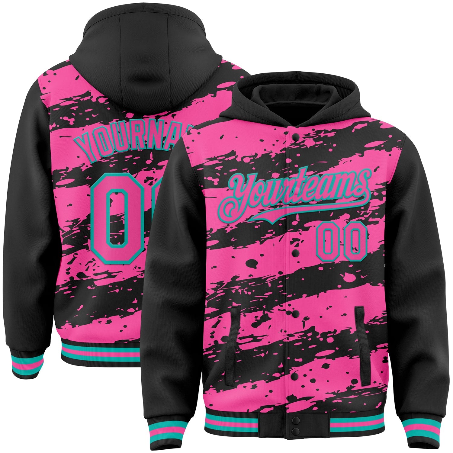 Custom Black Pink-Aqua Splash 3D Pattern Design Bomber Full-Snap Varsity Letterman Hoodie Jacket - Main View