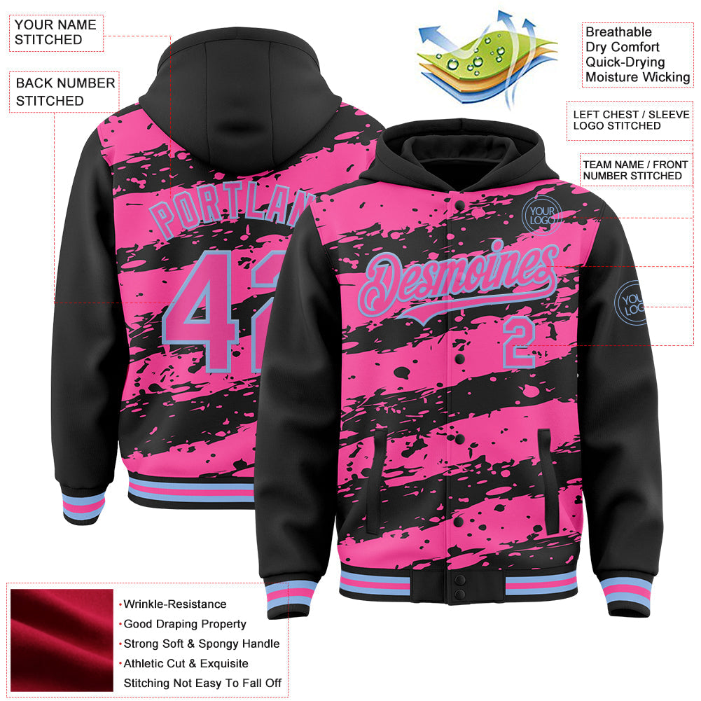 Custom Black Pink-Light Blue Splash 3D Pattern Design Bomber Full-Snap Varsity Letterman Hoodie Jacket view 4
