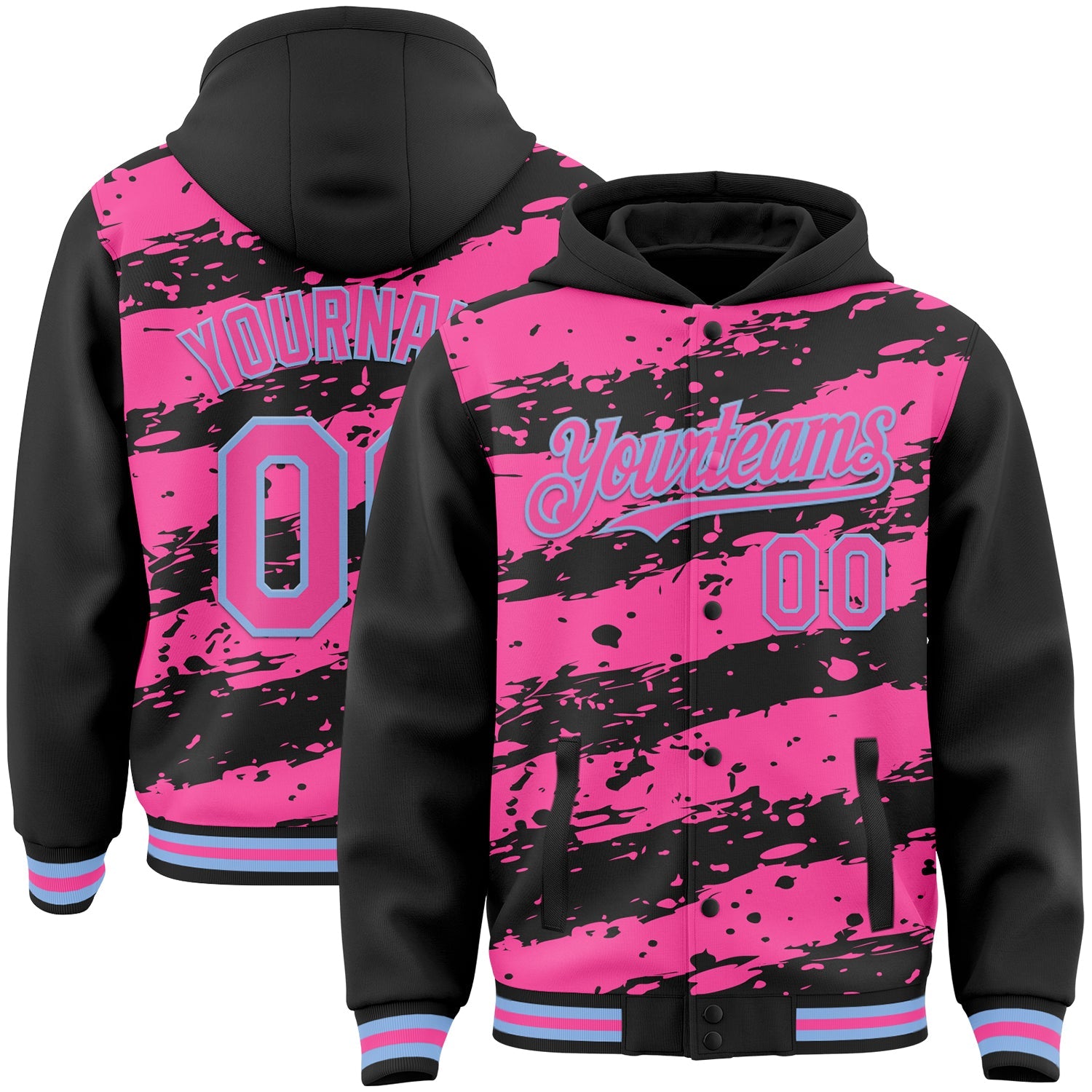 Custom Black Pink-Light Blue Splash 3D Pattern Design Bomber Full-Snap Varsity Letterman Hoodie Jacket - Main View
