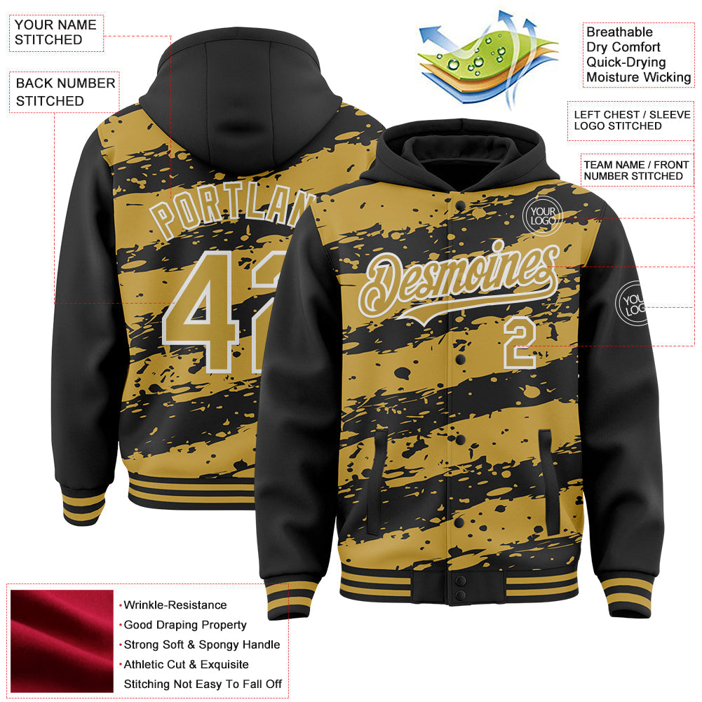 Custom Black Old Gold-White Splash 3D Pattern Design Bomber Full-Snap Varsity Letterman Hoodie Jacket view 4
