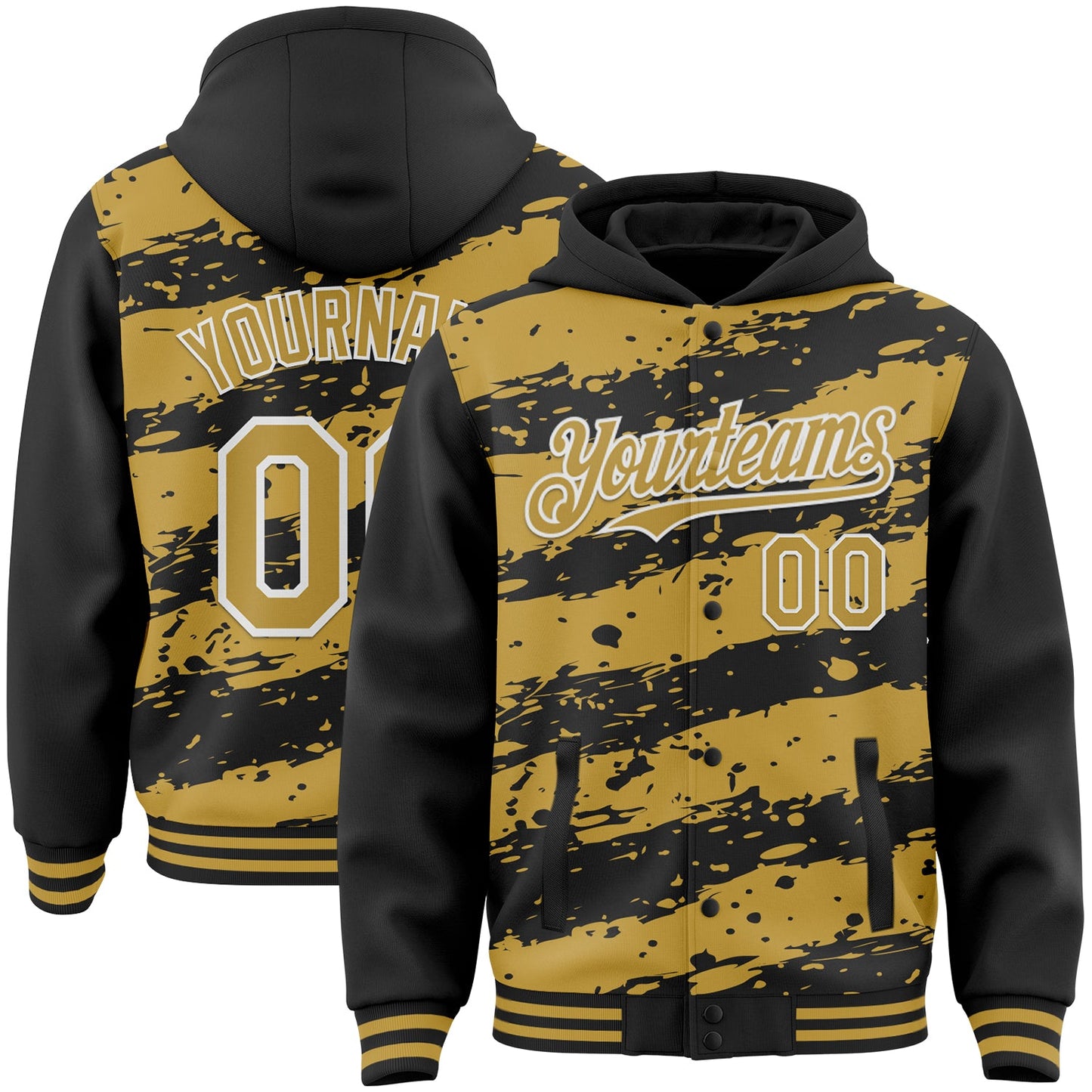 Custom Black Old Gold-White Splash 3D Pattern Design Bomber Full-Snap Varsity Letterman Hoodie Jacket - Main View